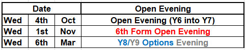 Open Evening Dates